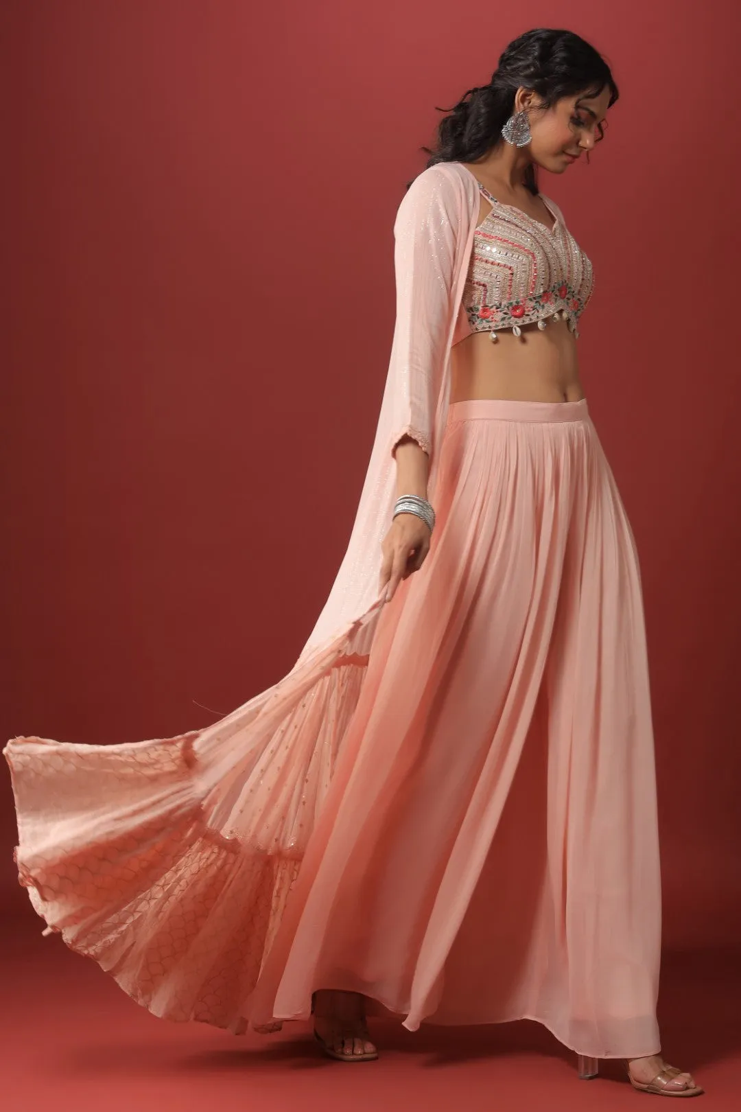 Peach Mirror Embellished Georgette Crop Top Palazzo Set with Jacket