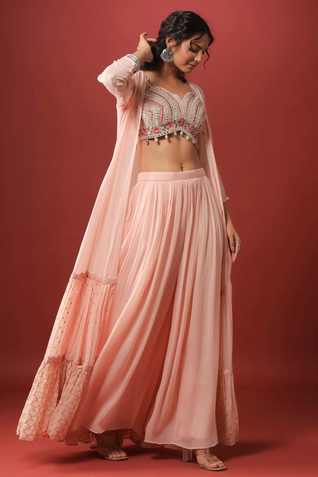 Peach Mirror Embellished Georgette Crop Top Palazzo Set with Jacket