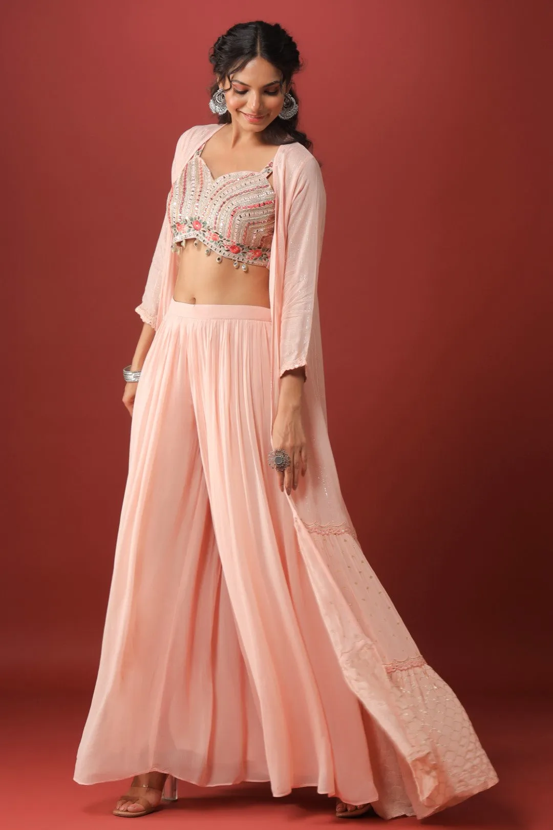 Peach Mirror Embellished Georgette Crop Top Palazzo Set with Jacket