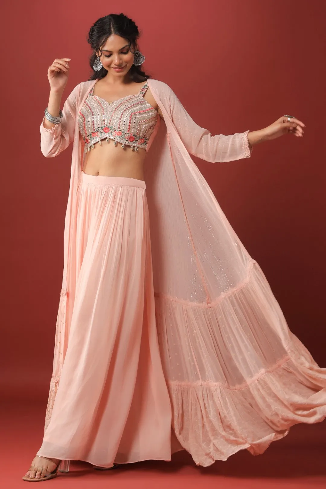 Peach Mirror Embellished Georgette Crop Top Palazzo Set with Jacket