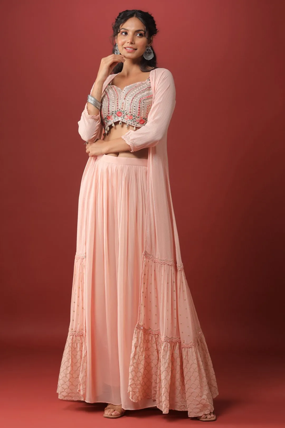 Peach Mirror Embellished Georgette Crop Top Palazzo Set with Jacket