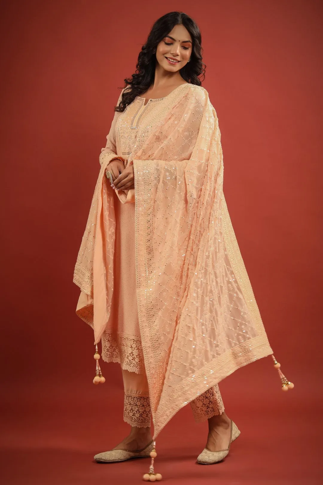 Peach Zardosi Resham Embroidered Georgette Suit Set