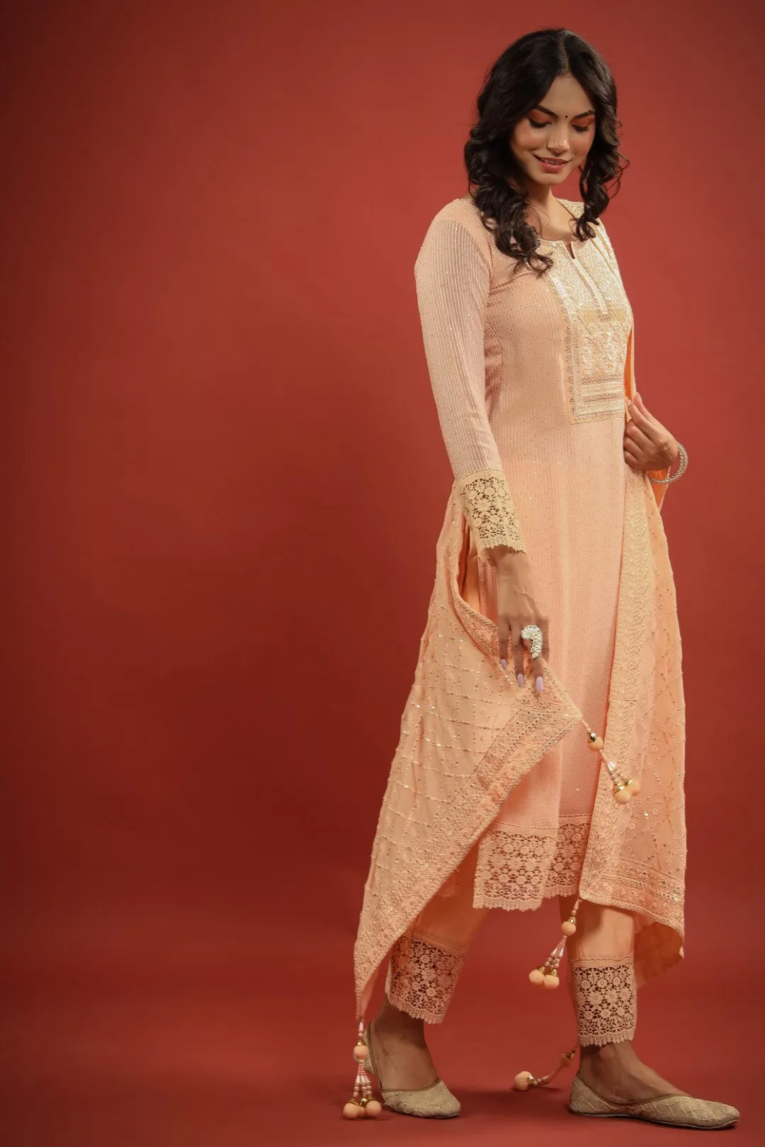 Peach Zardosi Resham Embroidered Georgette Suit Set