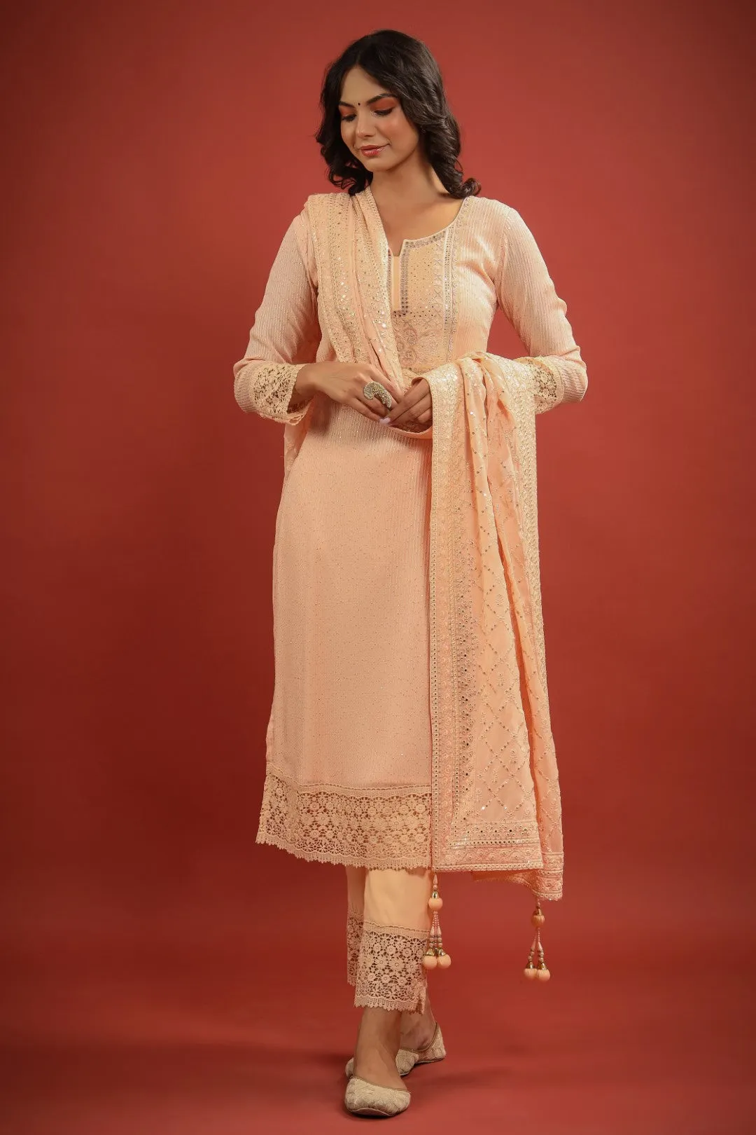 Peach Zardosi Resham Embroidered Georgette Suit Set