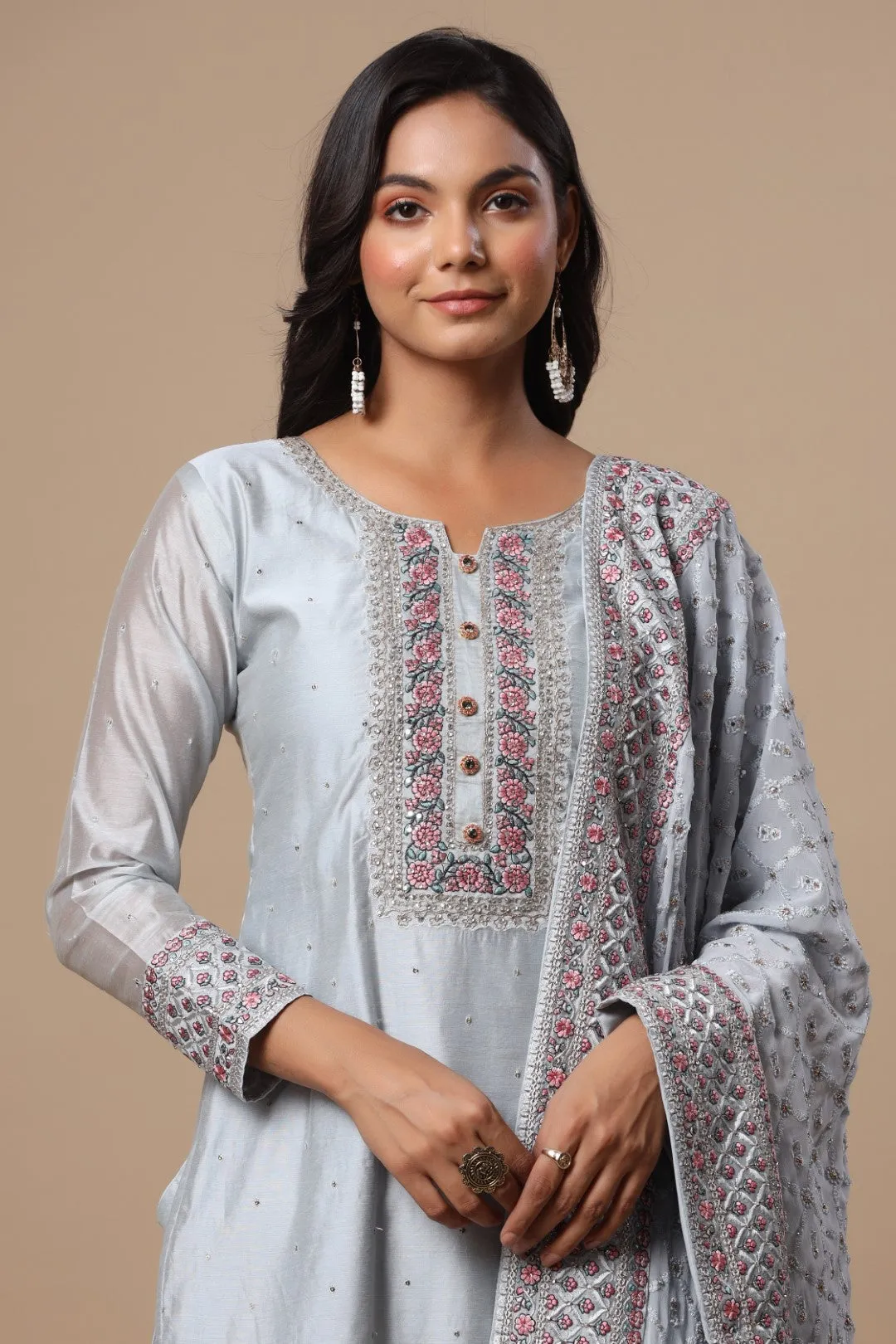 Powder Blue Resham Embroidered Straight Cut Salwar Suit