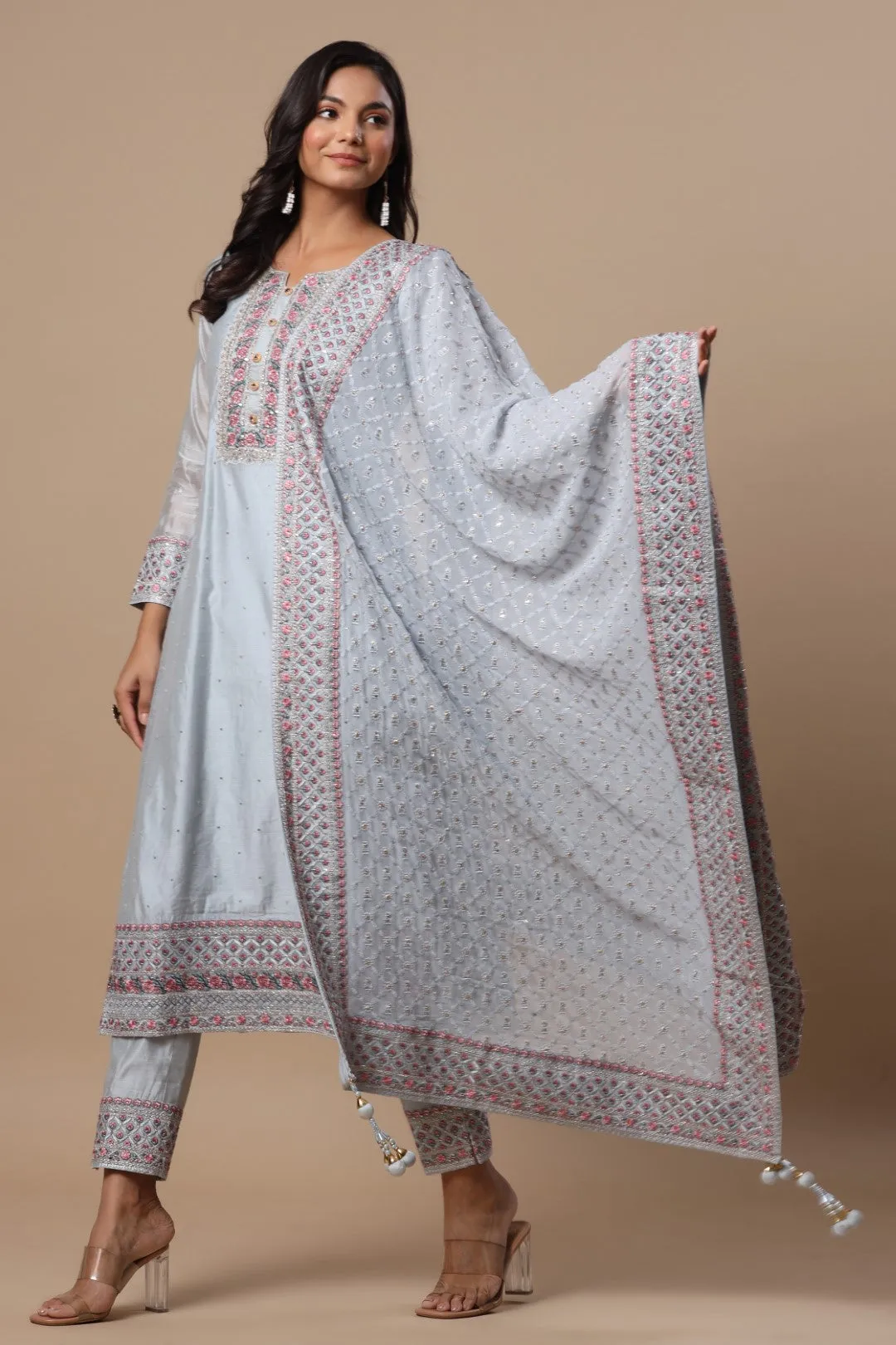 Powder Blue Resham Embroidered Straight Cut Salwar Suit