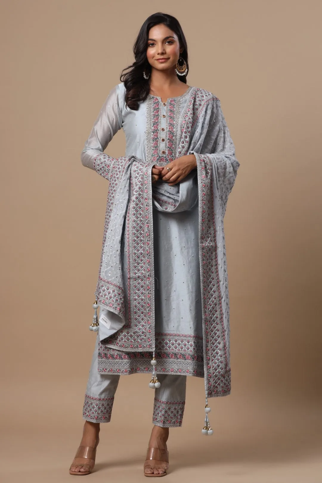 Powder Blue Resham Embroidered Straight Cut Salwar Suit