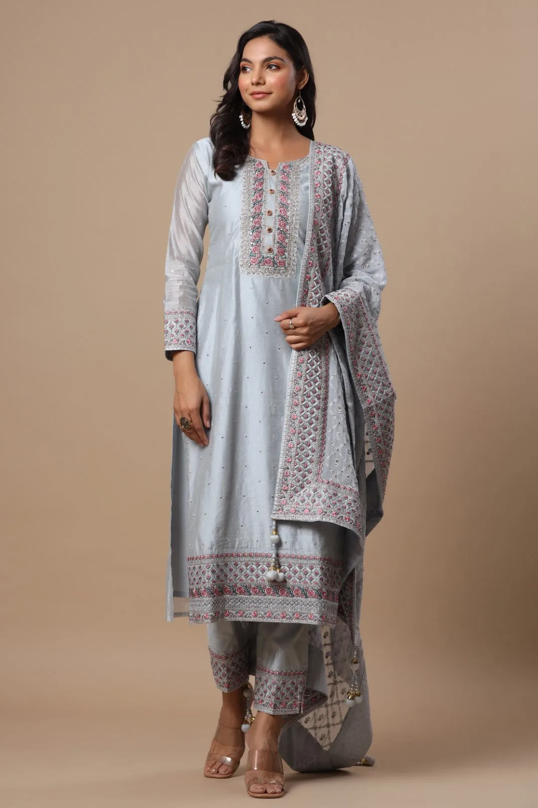 Powder Blue Resham Embroidered Straight Cut Salwar Suit