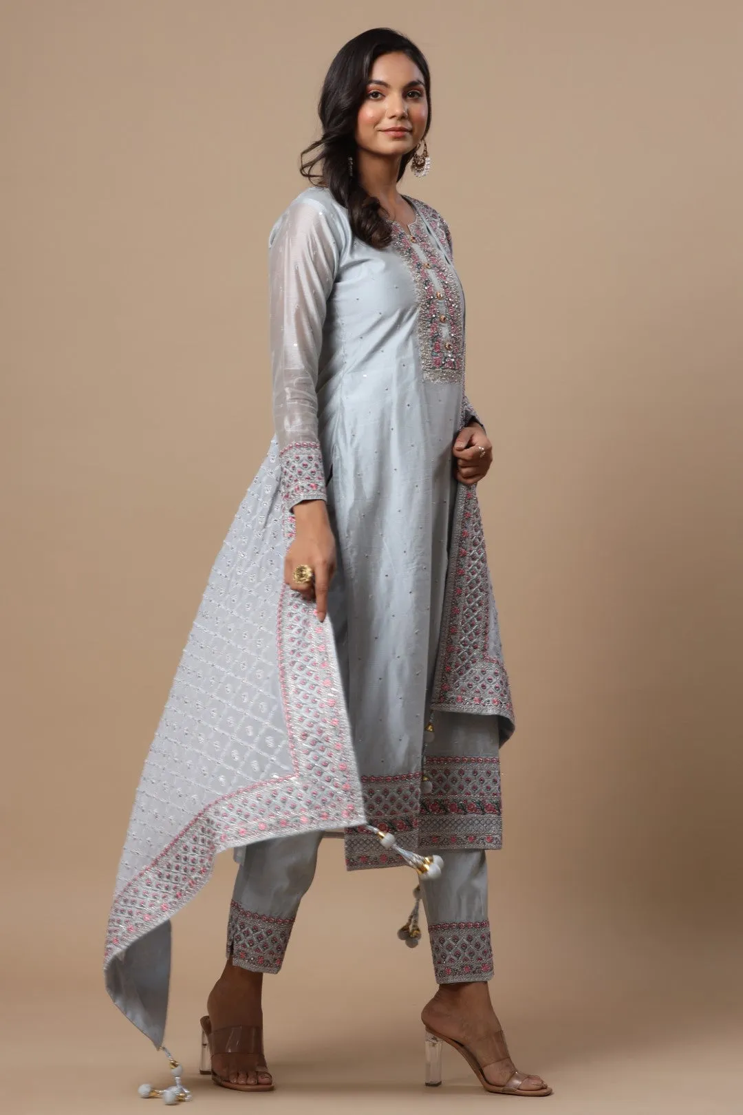 Powder Blue Resham Embroidered Straight Cut Salwar Suit