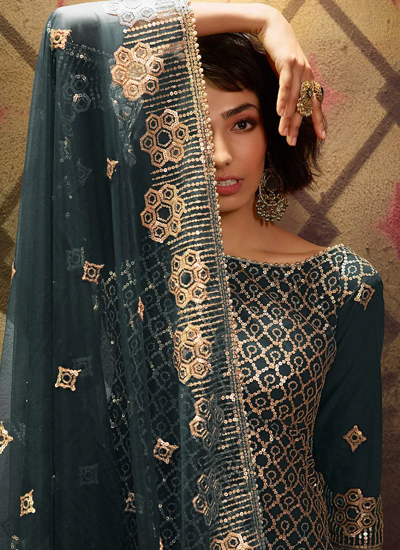 Rama Green Sequence Embroidered Gharara Suit