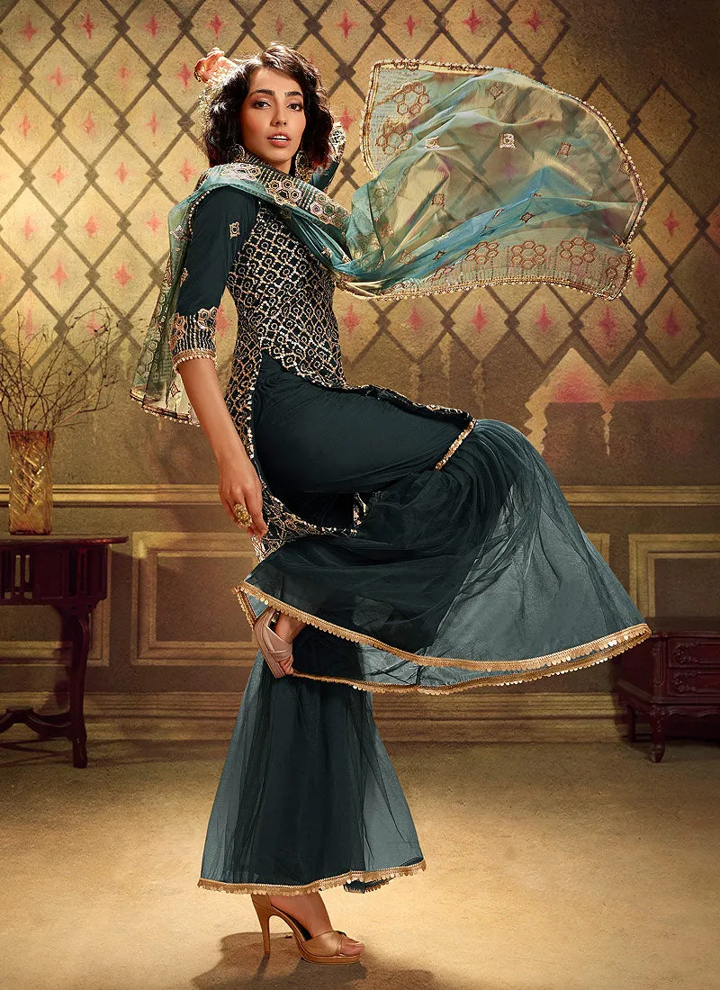 Rama Green Sequence Embroidered Gharara Suit