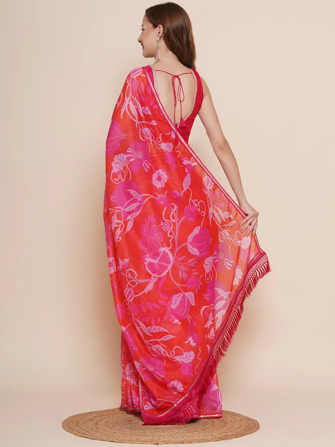 Red Digital Multi Print Chanderi Sarees with Embellished border