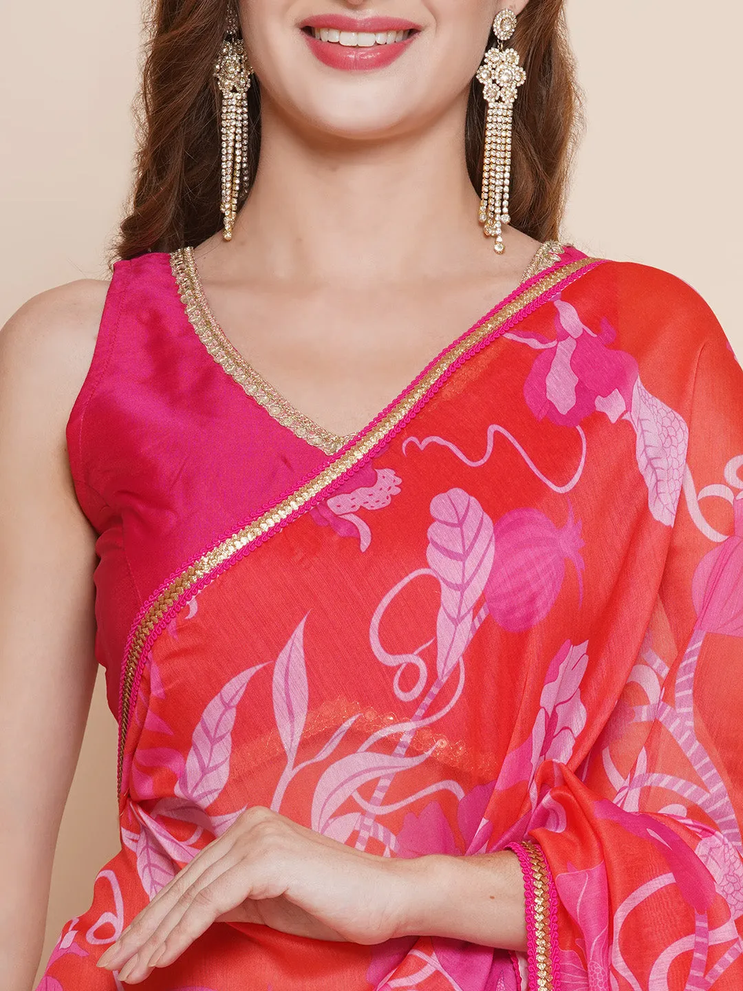 Red Digital Multi Print Chanderi Sarees with Embellished border