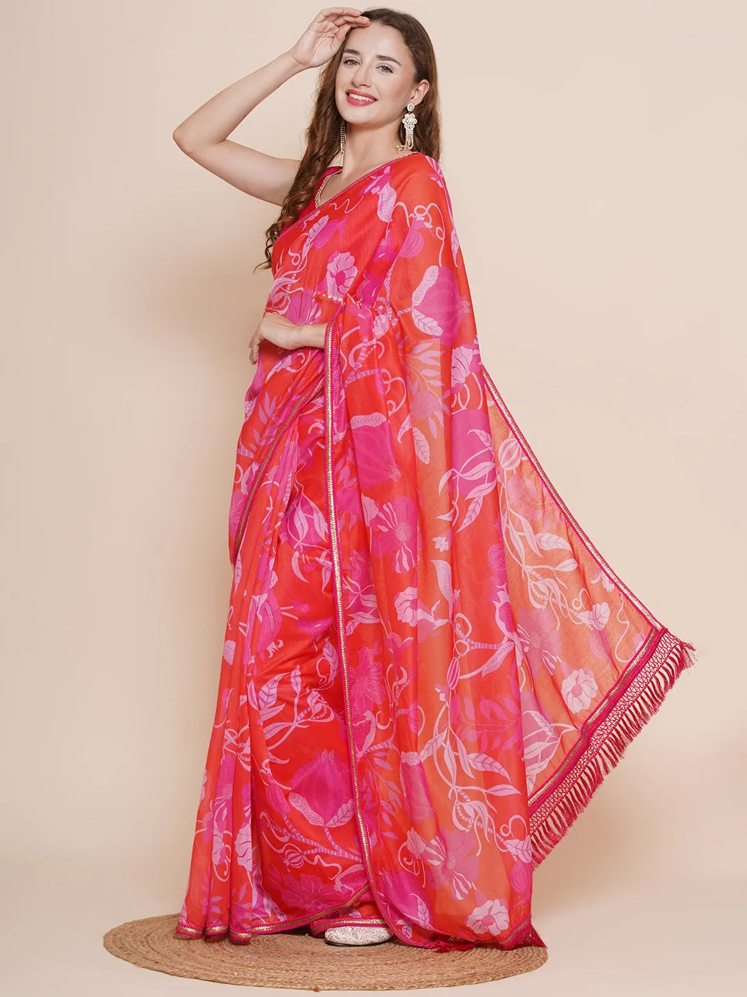 Red Digital Multi Print Chanderi Sarees with Embellished border