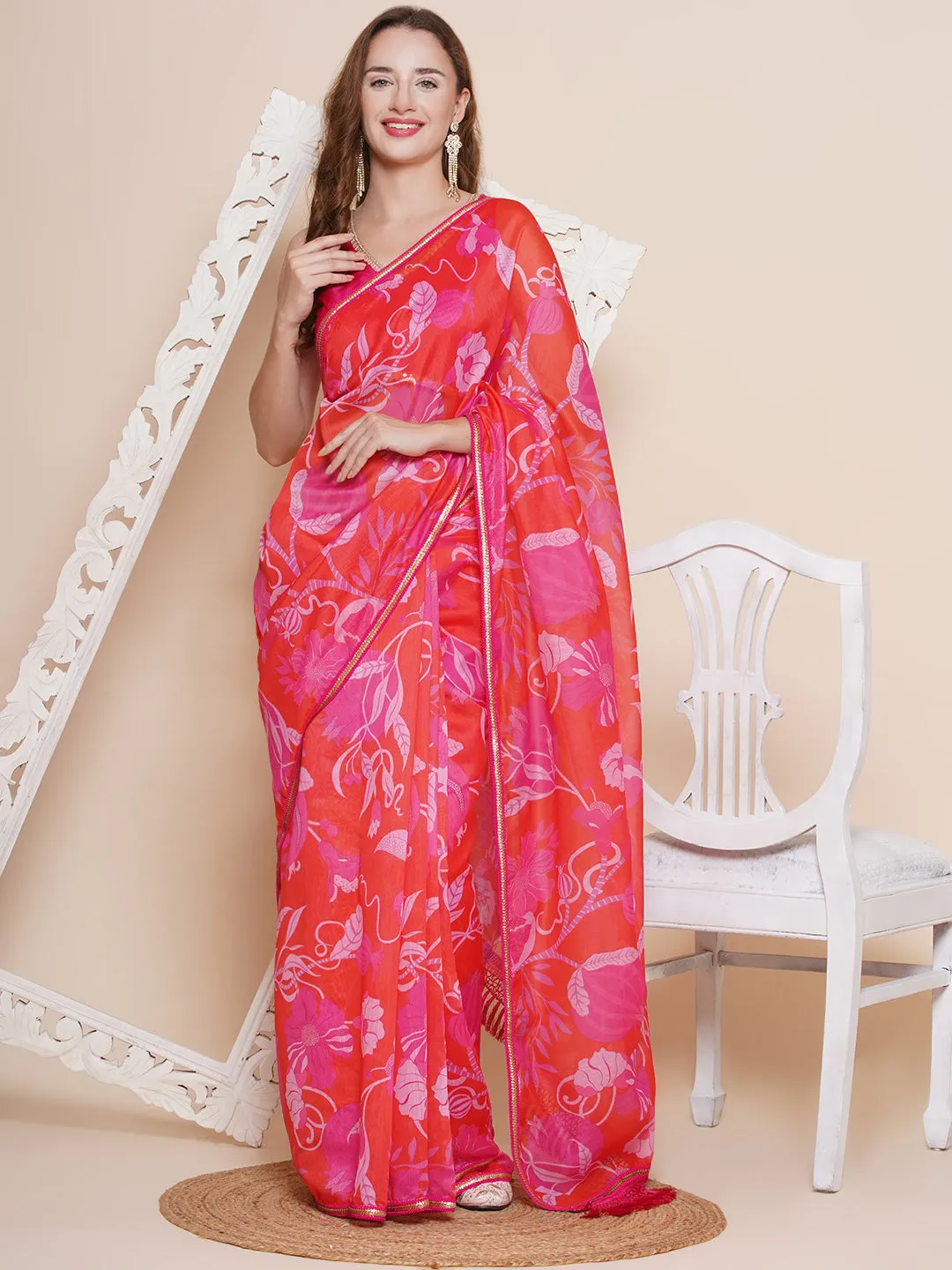 Red Digital Multi Print Chanderi Sarees with Embellished border