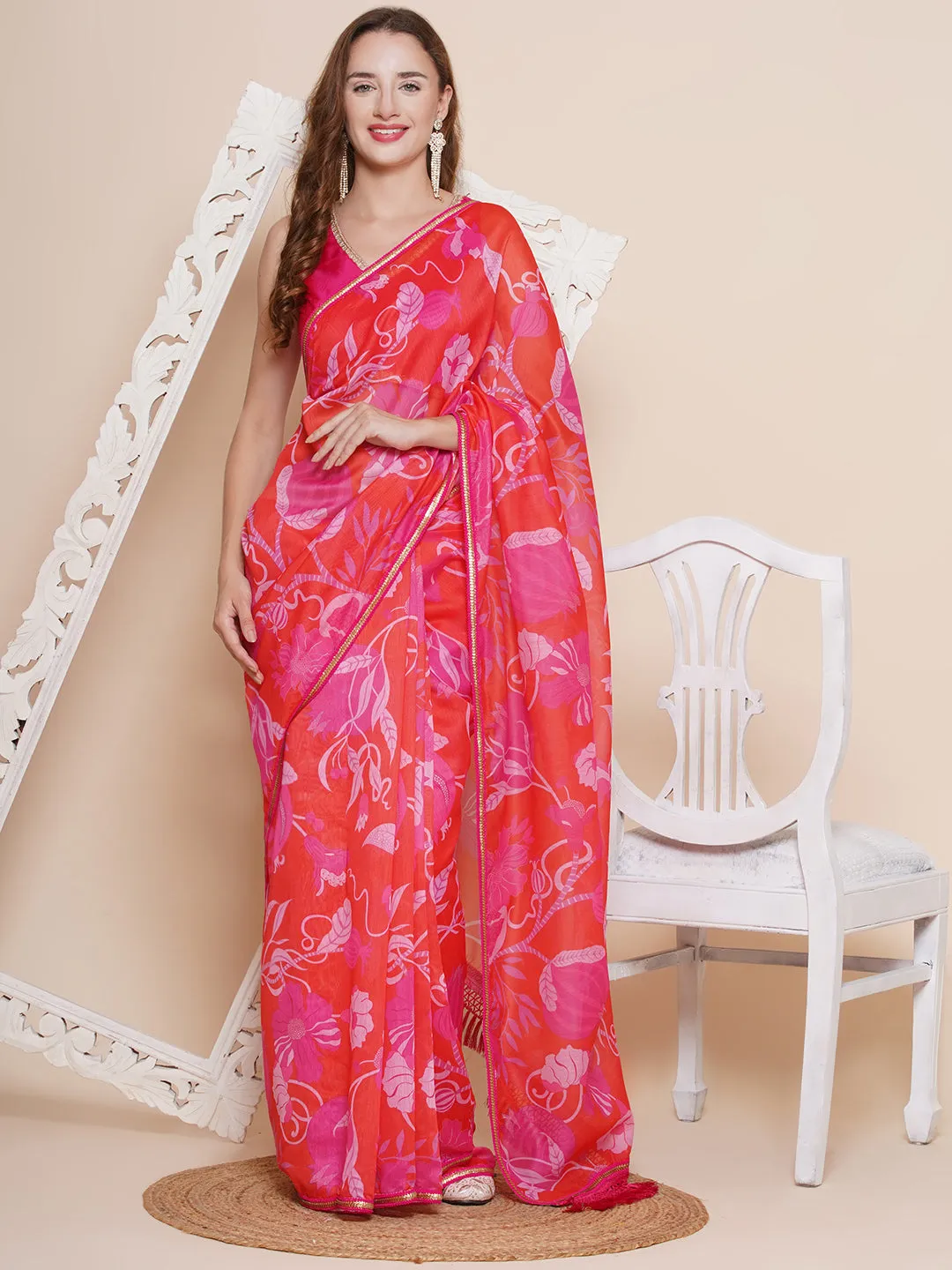 Red Digital Multi Print Chanderi Sarees with Embellished border