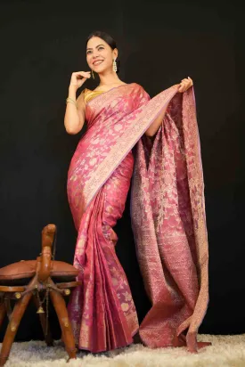 Rich Pink Soft Banarsi With Heavy Zari Jaal Woven & Ornate Pallu Ready To Wear Saree