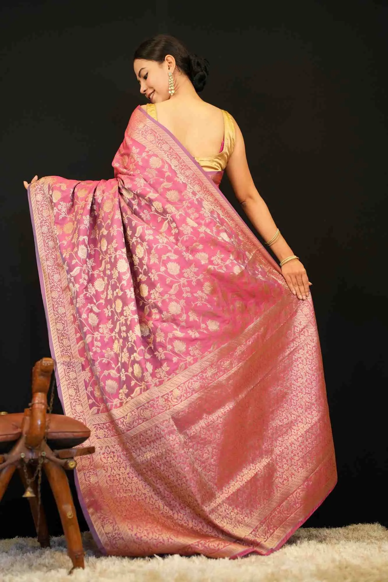 Rich Pink Soft Banarsi With Heavy Zari Jaal Woven & Ornate Pallu Ready To Wear Saree