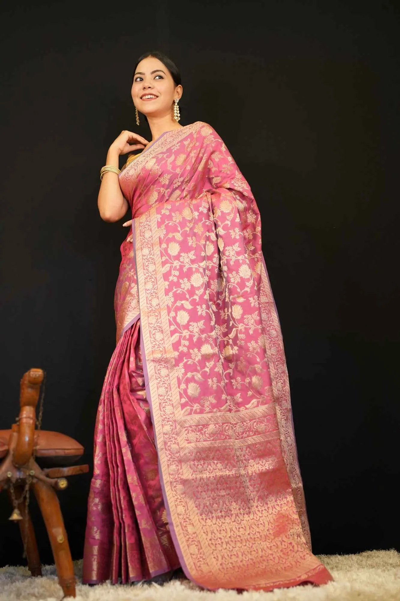 Rich Pink Soft Banarsi With Heavy Zari Jaal Woven & Ornate Pallu Ready To Wear Saree