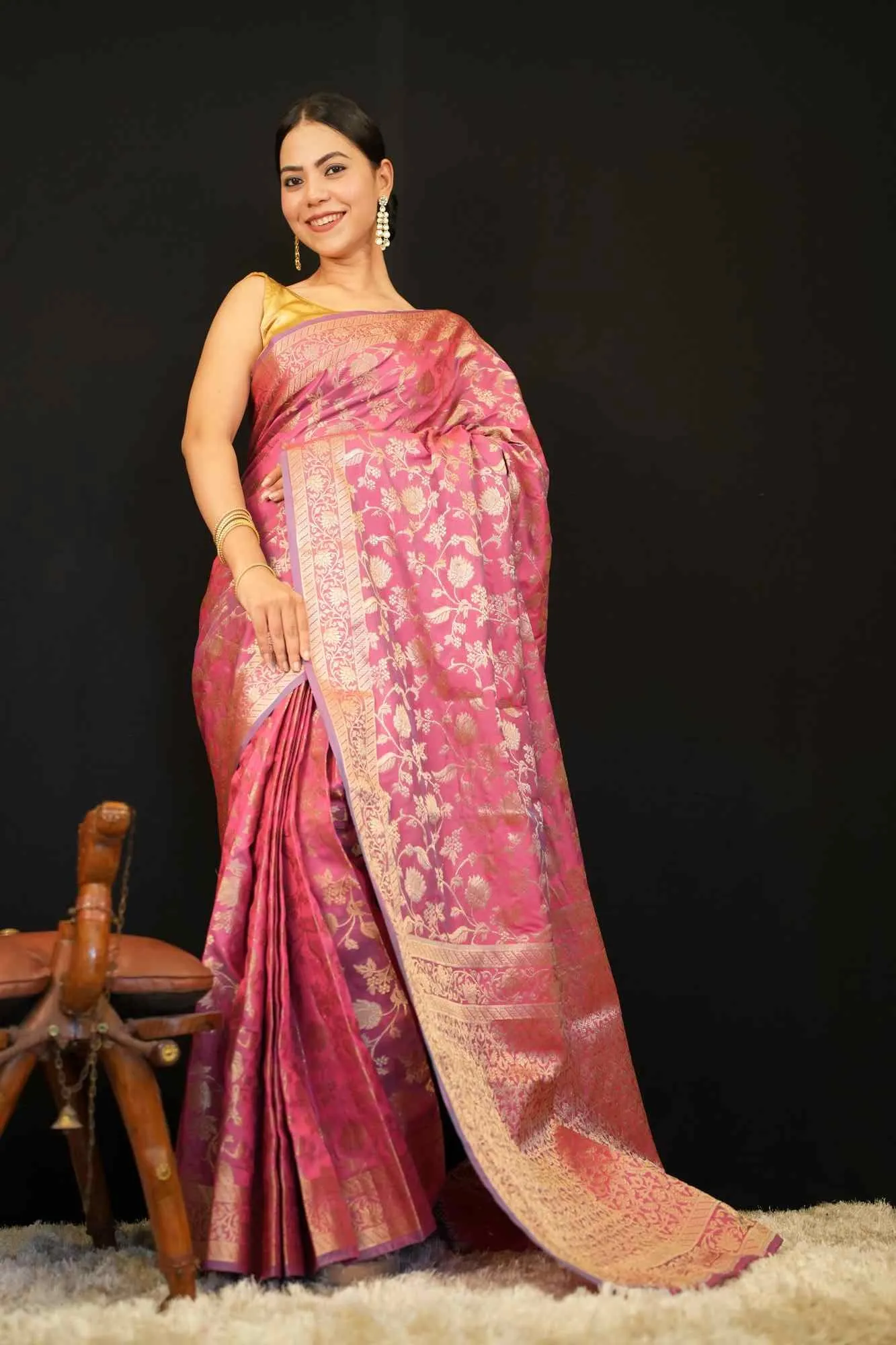 Rich Pink Soft Banarsi With Heavy Zari Jaal Woven & Ornate Pallu Ready To Wear Saree