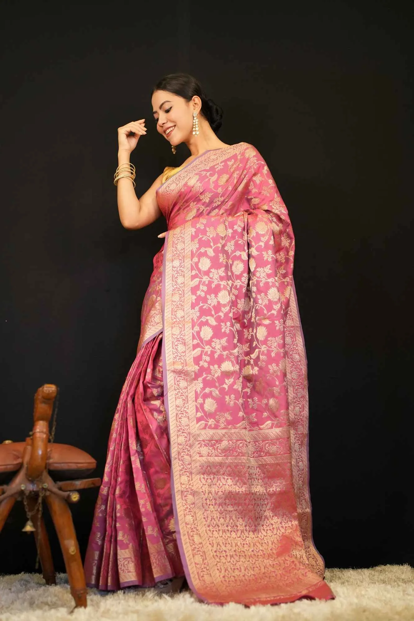 Rich Pink Soft Banarsi With Heavy Zari Jaal Woven & Ornate Pallu Ready To Wear Saree