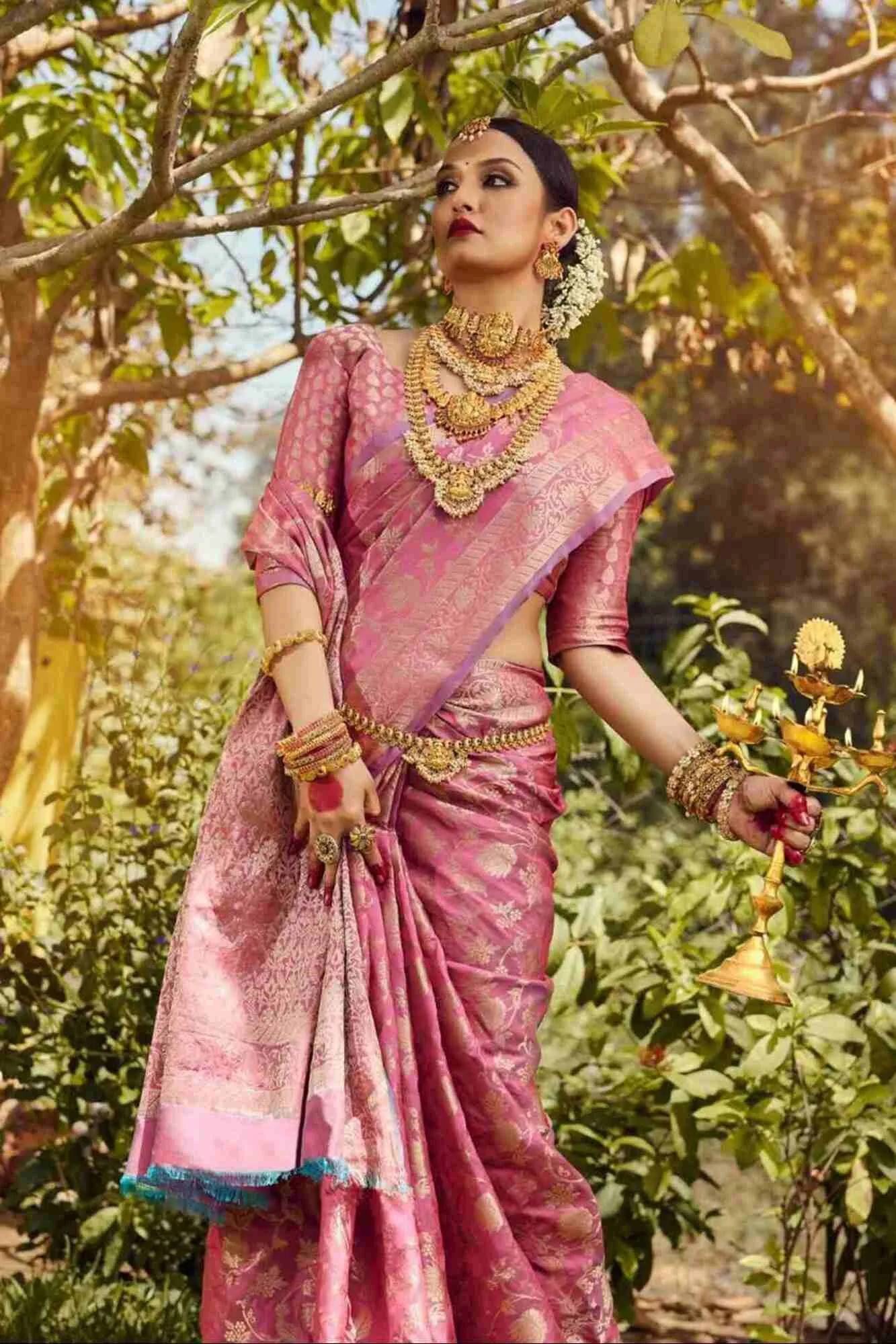 Rich Pink Soft Banarsi With Heavy Zari Jaal Woven & Ornate Pallu Ready To Wear Saree