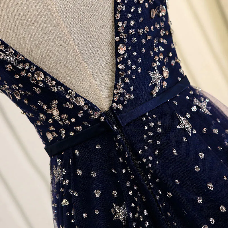 Sequins A Line Long Prom Dress V Back Navy Shiny Evening Dress 577