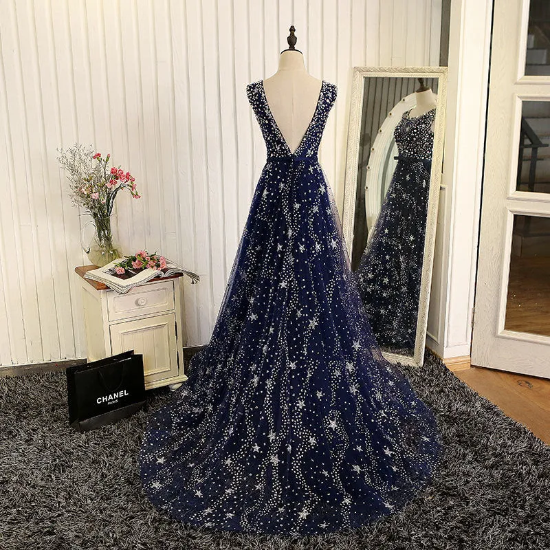 Sequins A Line Long Prom Dress V Back Navy Shiny Evening Dress 577