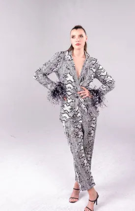 Snakeskin Print Suit With Black And White Feather Cuffs