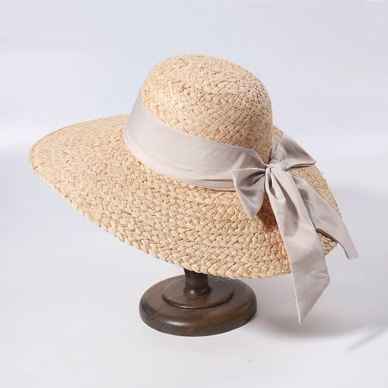 Straw Beach Hats for Women - Summer Sun Hats with Strap - Boho Hat, Paper Straw Fedora Hat Bow