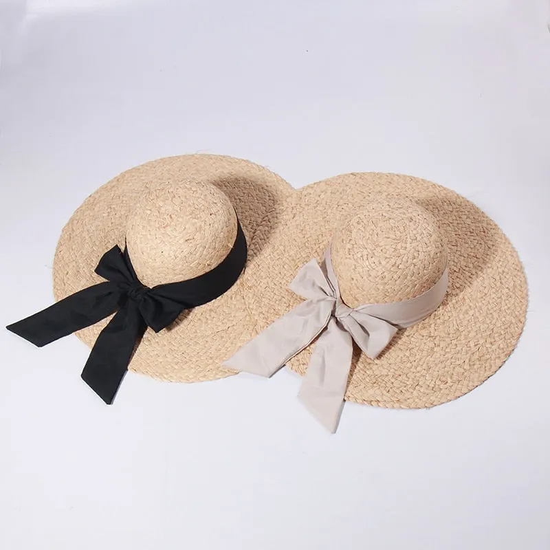 Straw Beach Hats for Women - Summer Sun Hats with Strap - Boho Hat, Paper Straw Fedora Hat Bow