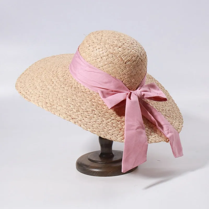 Straw Beach Hats for Women - Summer Sun Hats with Strap - Boho Hat, Paper Straw Fedora Hat Bow