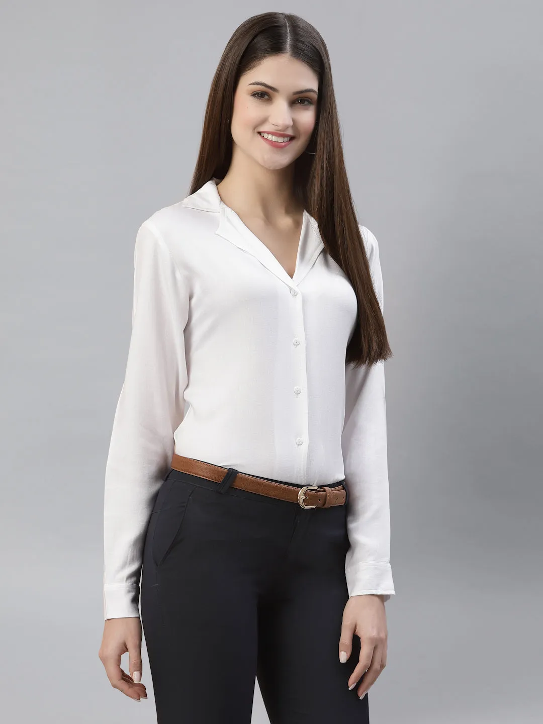 Style Quotient Women Solid White Viscose Rayon Regular Formal Shirt