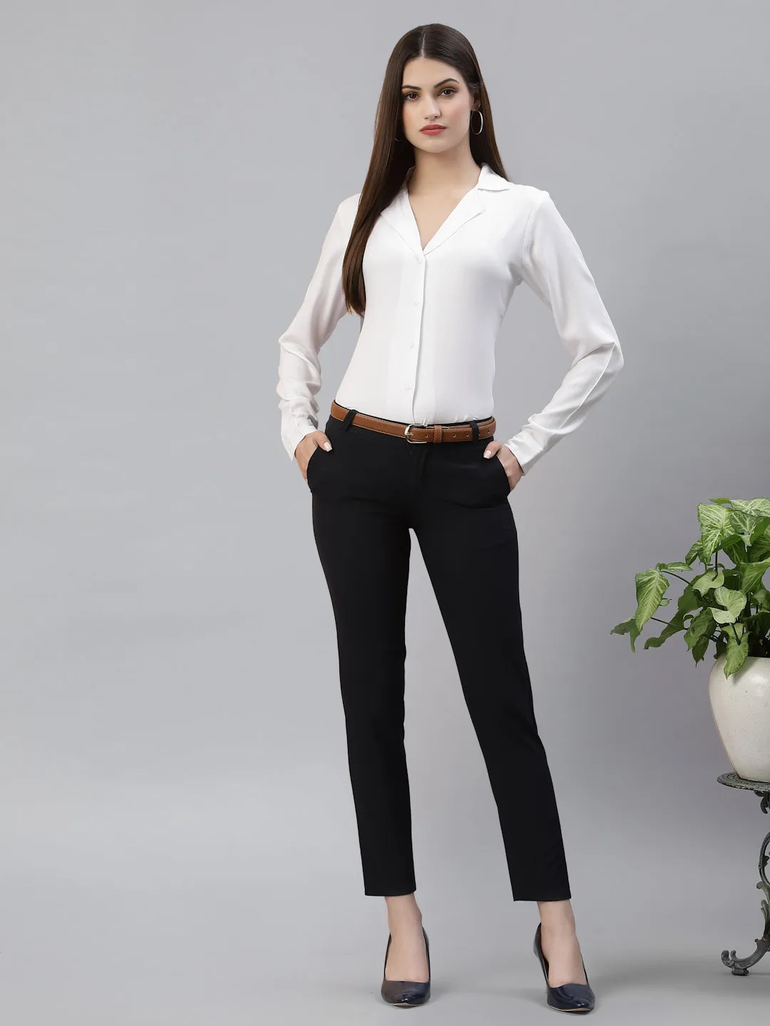 Style Quotient Women Solid White Viscose Rayon Regular Formal Shirt