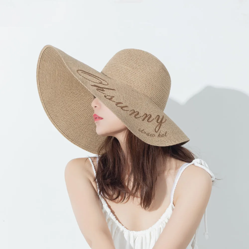 US Stock Women's Fairlady Large Brim Straw Hat Reversible Cap UPF 50 