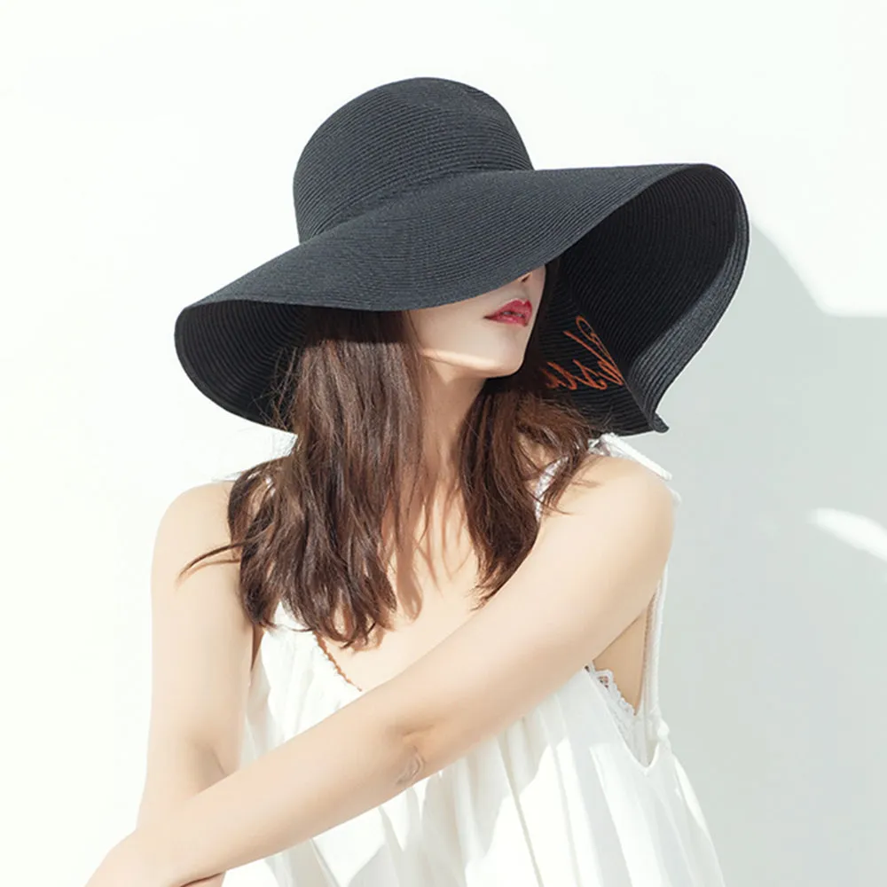 US Stock Women's Fairlady Large Brim Straw Hat Reversible Cap UPF 50 
