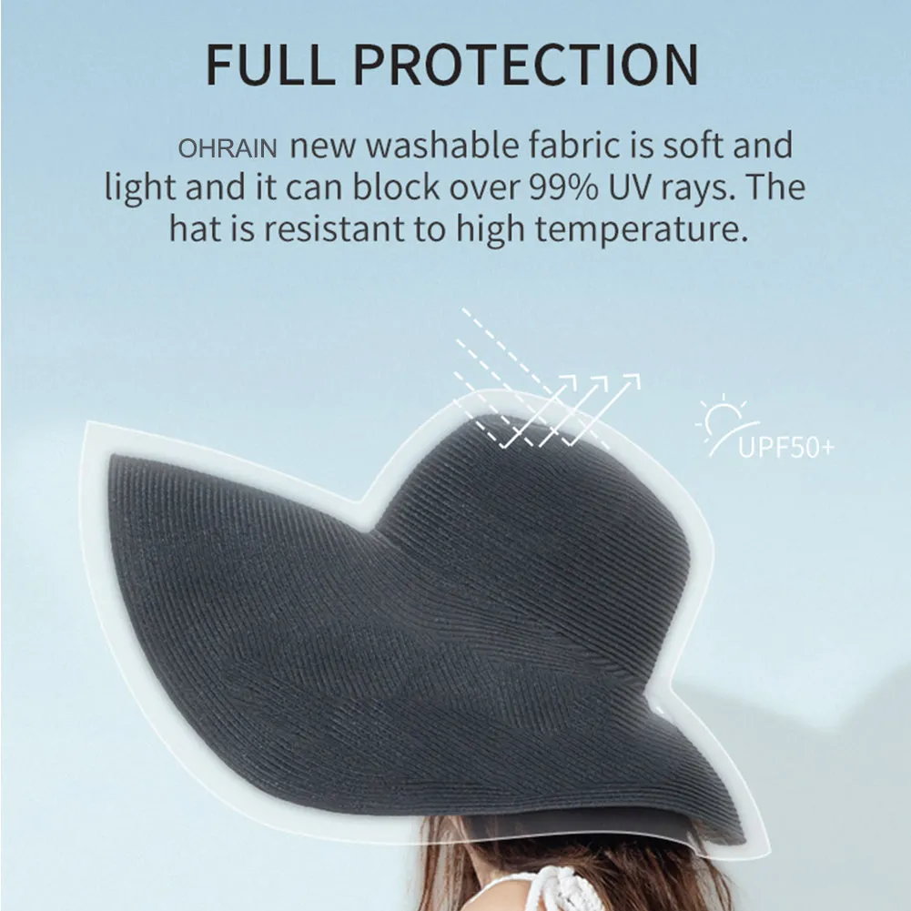 US Stock Women's Fairlady Large Brim Straw Hat Reversible Cap UPF 50 