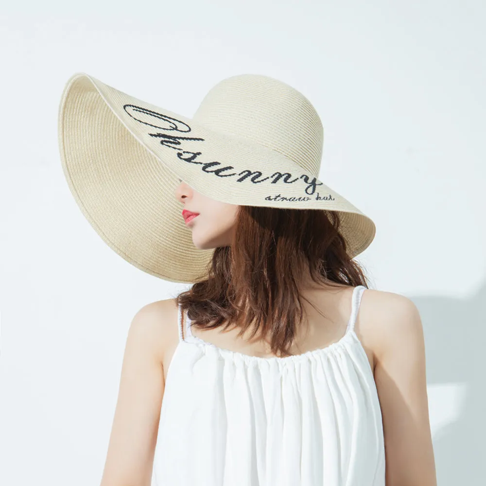 US Stock Women's Fairlady Large Brim Straw Hat Reversible Cap UPF 50 