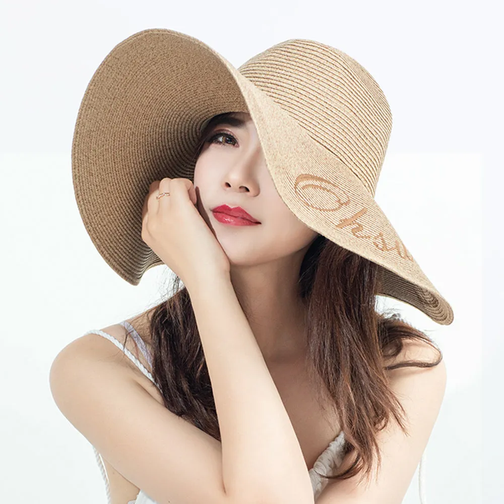 US Stock Women's Fairlady Large Brim Straw Hat Reversible Cap UPF 50 