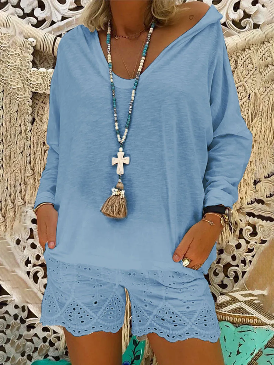 V-Neck Hooded Casual Long Sleeve Suit
