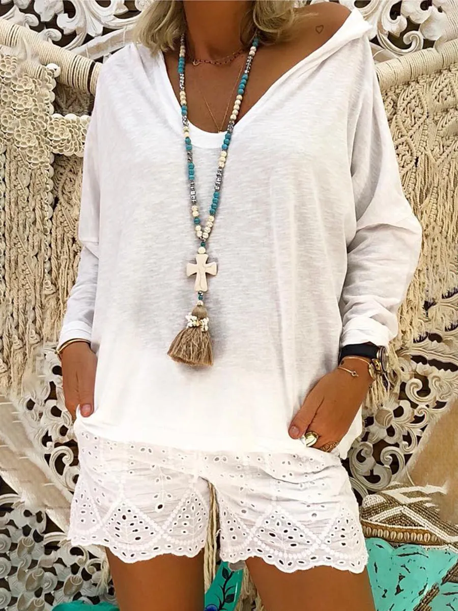 V-Neck Hooded Casual Long Sleeve Suit