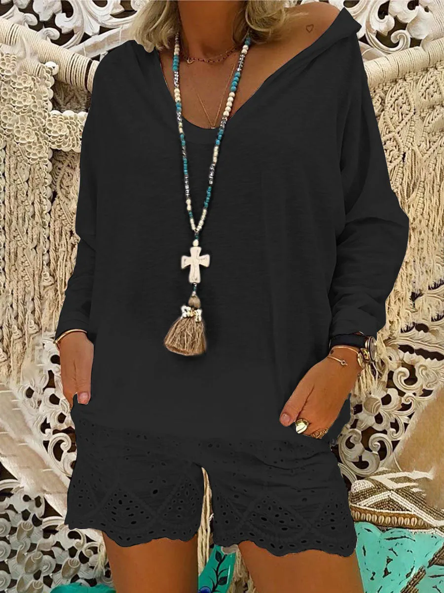 V-Neck Hooded Casual Long Sleeve Suit