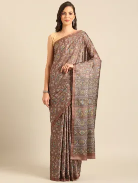 Women Brown Cotton Saree With Un Stitched Blouse