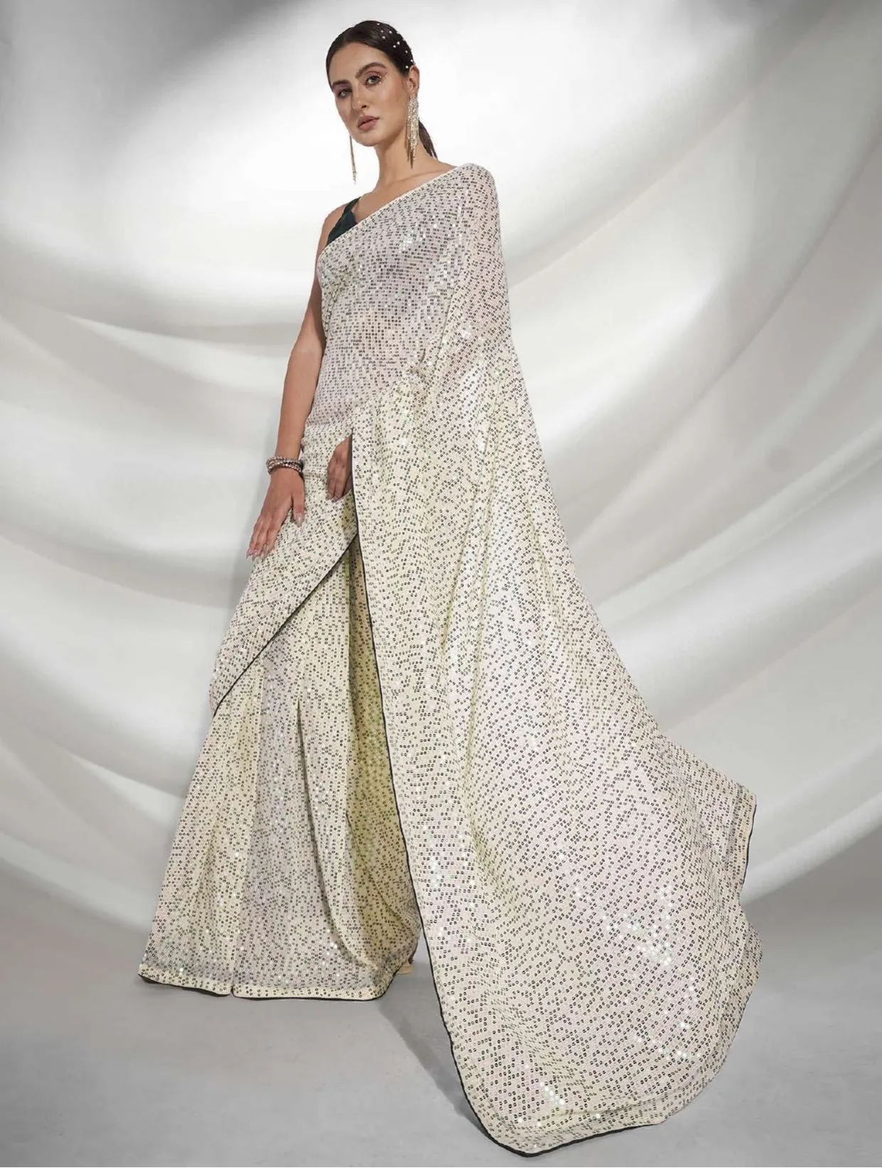 Women Party Wear Designer Sequence Worked Green Colour Georgette Saree Collection