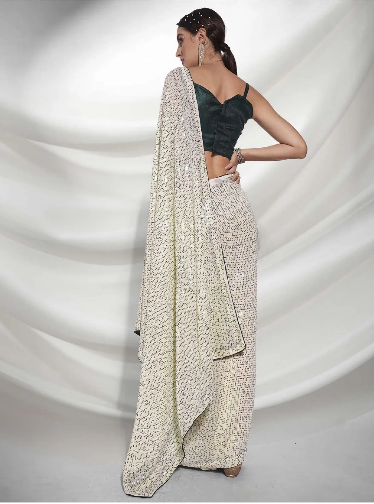 Women Party Wear Designer Sequence Worked Green Colour Georgette Saree Collection