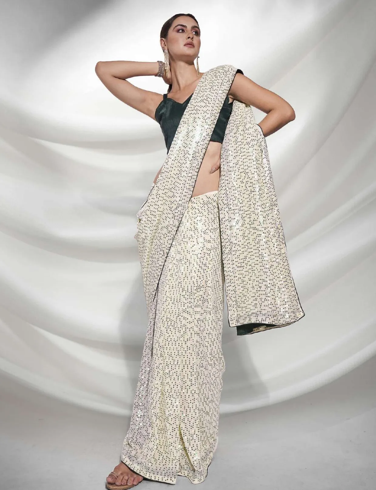 Women Party Wear Designer Sequence Worked Green Colour Georgette Saree Collection