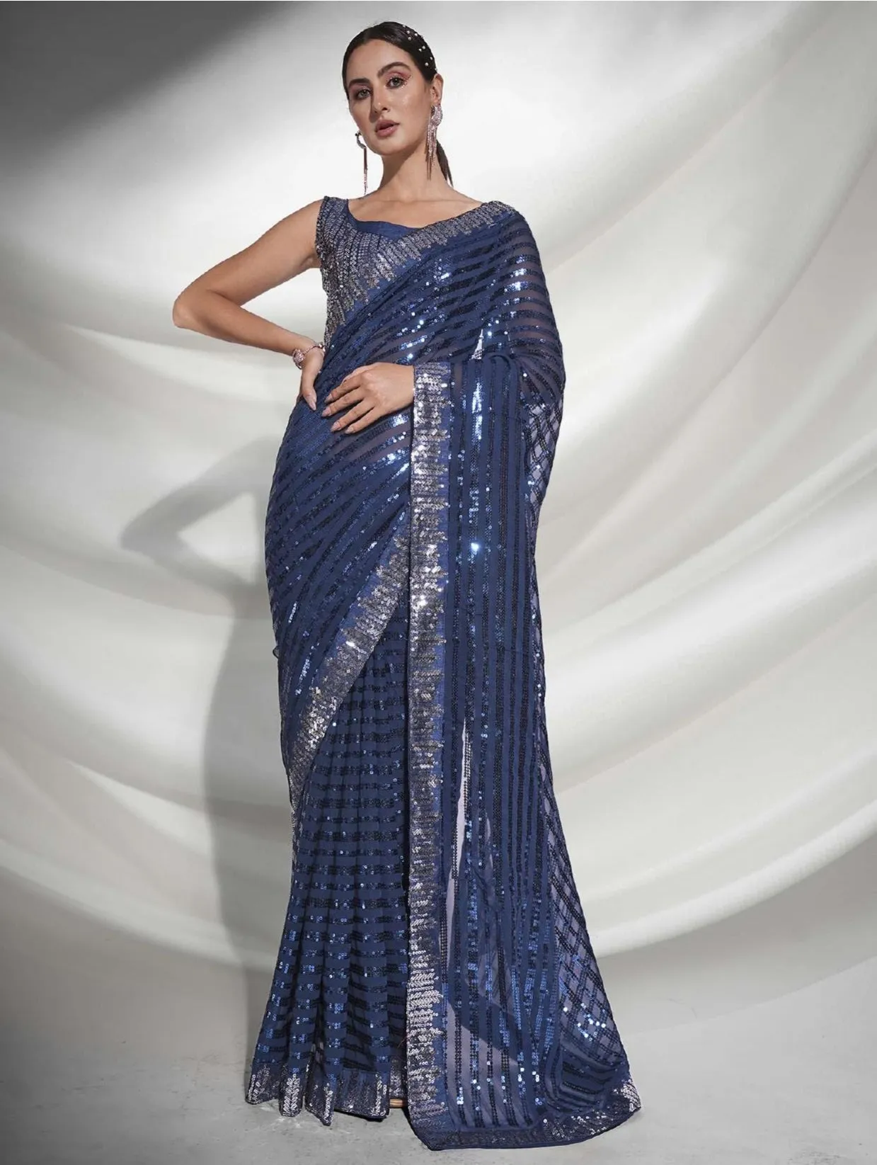 Women Party Wear Designer Sequence Worked Teal Colour Georgette Saree Collection