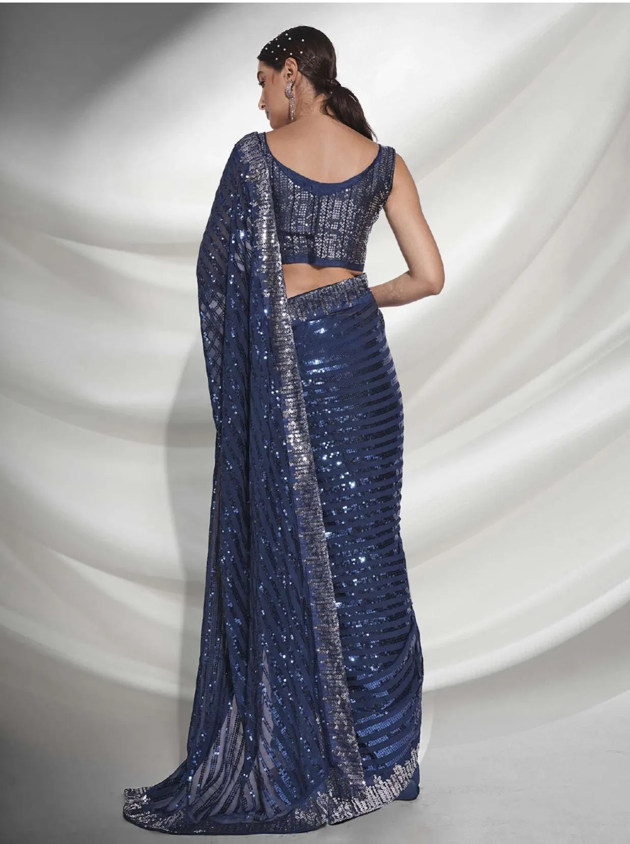 Women Party Wear Designer Sequence Worked Teal Colour Georgette Saree Collection