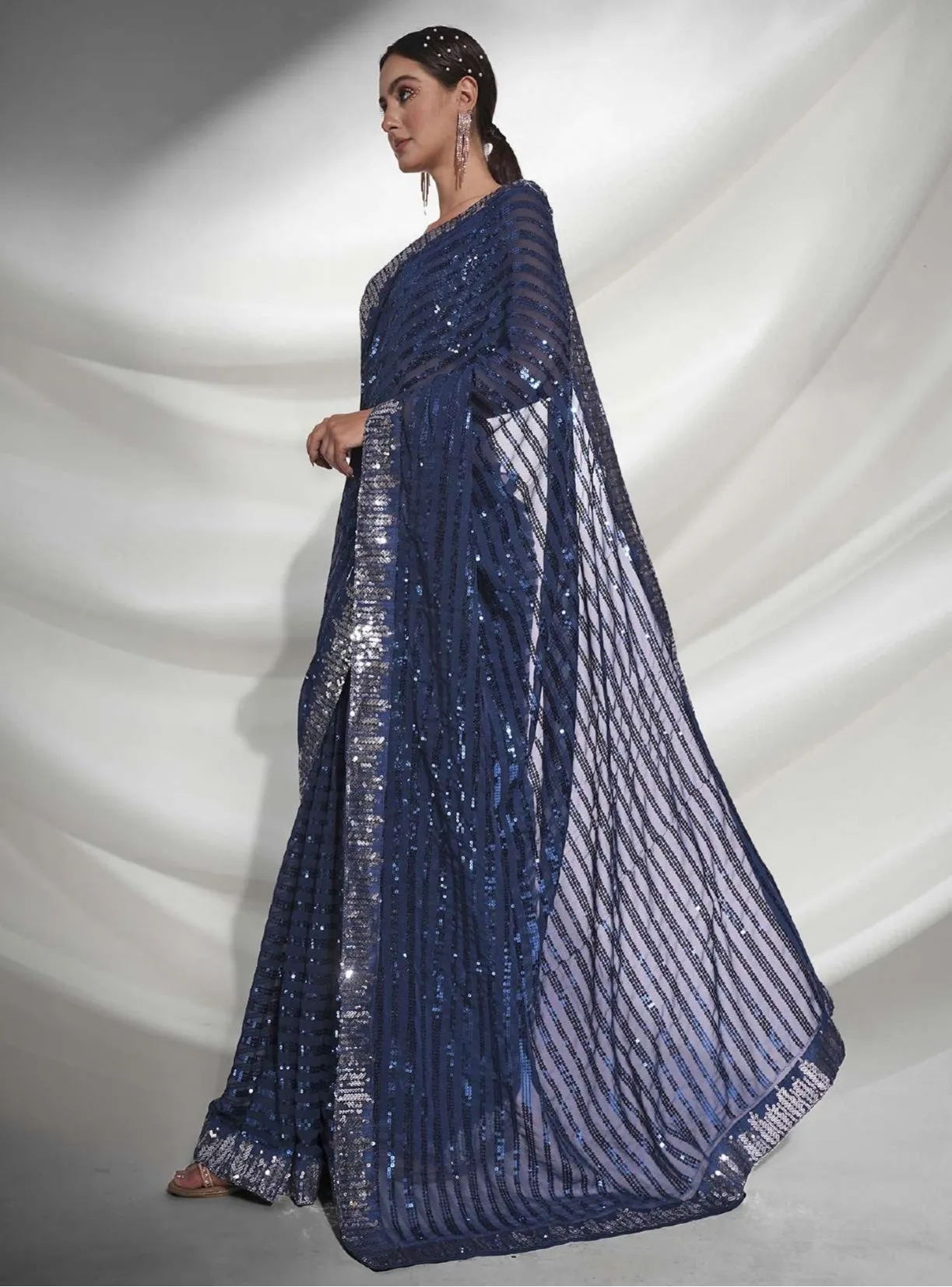 Women Party Wear Designer Sequence Worked Teal Colour Georgette Saree Collection