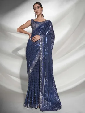 Women Party Wear Designer Sequence Worked Teal Colour Georgette Saree Collection